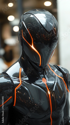 Obraz na płótnie Futuristic black and orange helmet armor evokes a sleek sci-fi warrior vibe symbolizing strength speed innovation and the fusion of human resilience with high tech evolution in a glowing world
w salonie