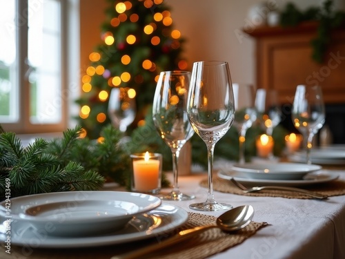 Obraz na płótnie A beautifully arranged table set for a romantic New Year's dinner, featuring elegant plates, glasses, and glowing candles amidst a festive atmosphere. w salonie