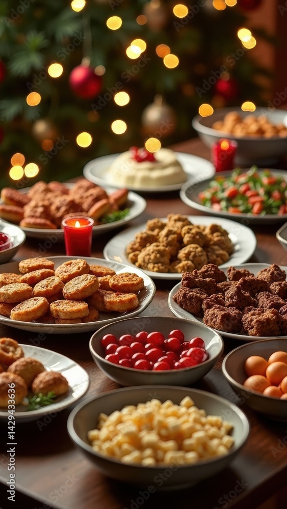 A buffet spread showcases an array of dishes and snacks on a beautifully set table, evoking a joyful holiday spirit with a Christmas tree and festive decorations.