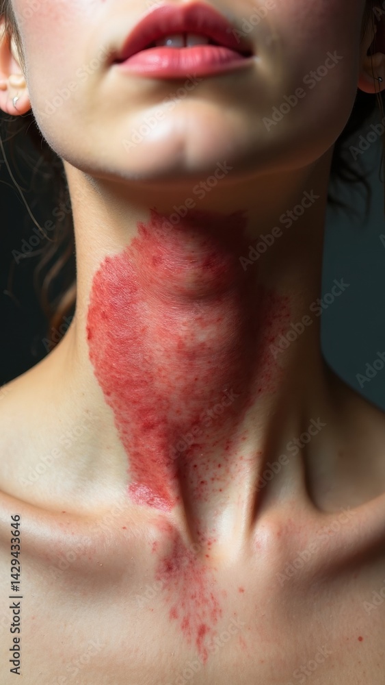 A close-up of a healing red scar on the neck following thyroid surgery, showcasing the detailed skin texture and a calm expression, symbolizing resilience and recovery.