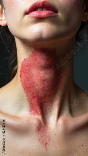 Obraz na płótnie A close-up of a healing red scar on the neck following thyroid surgery, showcasing the detailed skin texture and a calm expression, symbolizing resilience and recovery. w salonie