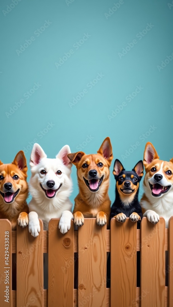 Five adorable dogs of various breeds peek over a wooden fence with bright smiles, creating an engaging and cheerful atmosphere in a vibrant blue setting.