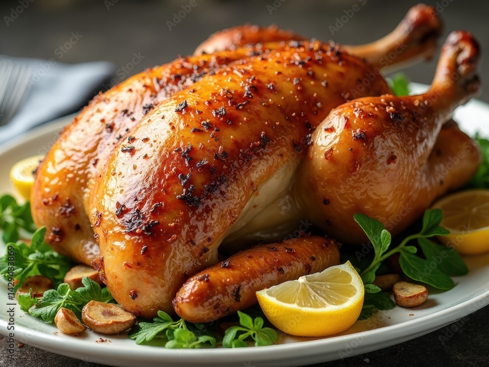 A beautifully cooked pheasant with a golden crust, garnished with fresh lemon slices and flavorful herbs, perfect for a festive Thanksgiving meal.