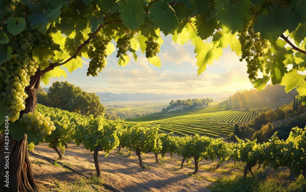 Naklejka premium Serene Vineyard Landscape at Sunrise. Picturesque Hills and Lush Green Fields