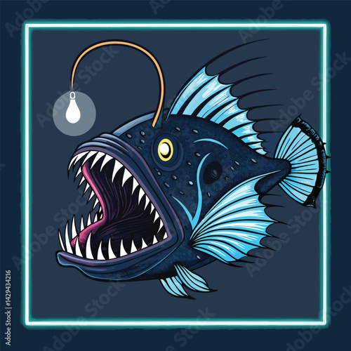 Render a terrifying deep-sea anglerfish, bioluminescent lure glowing intensely, within an inky black abyssal environment.  Focus on detailed textures and the creature's menacing features.