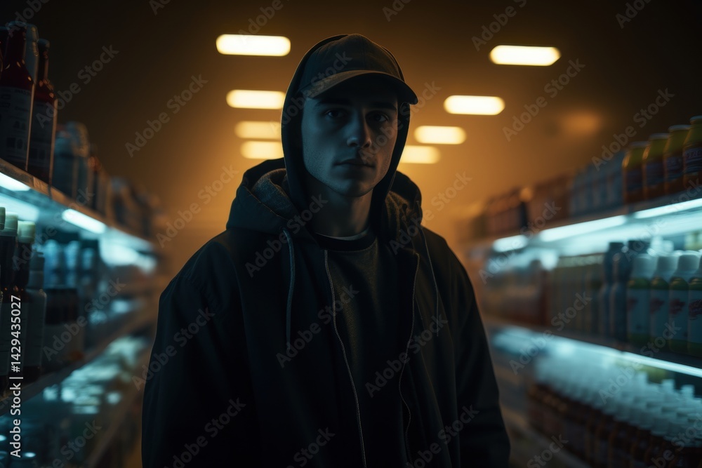 Young man in hoodie and cap, standing in dimly lit room, in front of shelves stocked with drink bottles Young man in hoodie and cap, standing in dimly lit room, in front of shelves stocked with drink bottles