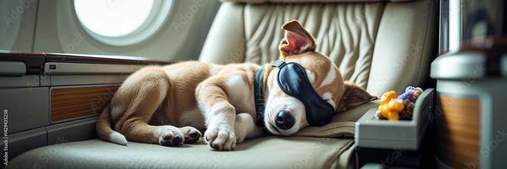 Whippet dog sleeps with sleep mask on plane