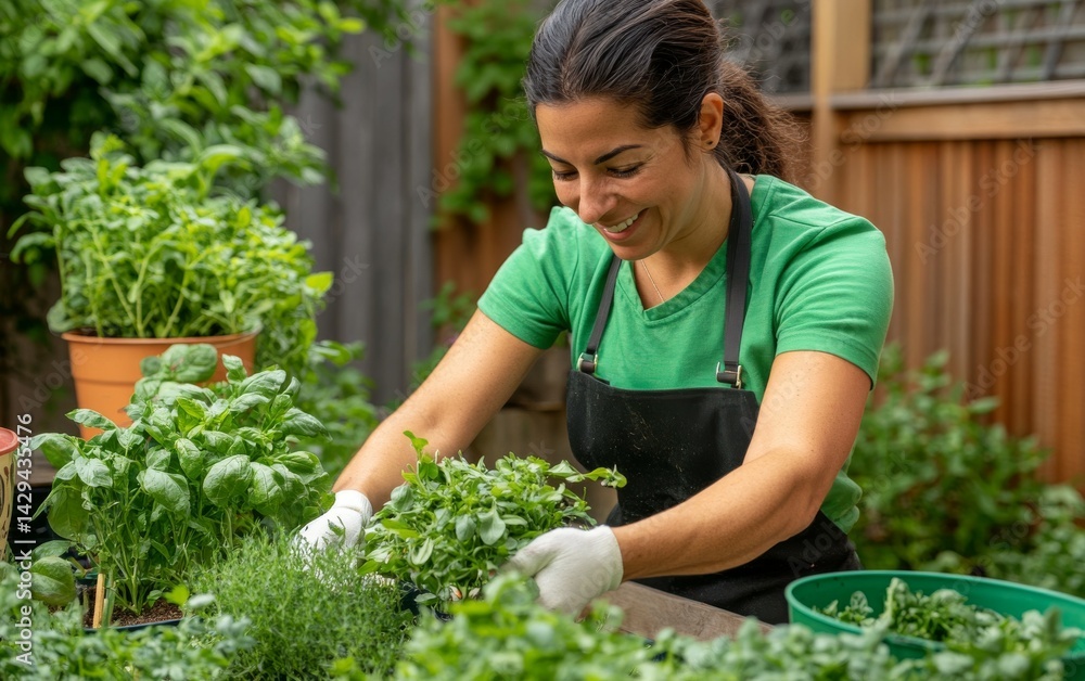 Woman Gardening in a Vibrant Backyard Garden. Enjoying the Fresh Herbs and Plants. A Happy Gardener Woman Gardening in a Vibrant Backyard Garden. Enjoying the Fresh Herbs and Plants. A Happy Gardener