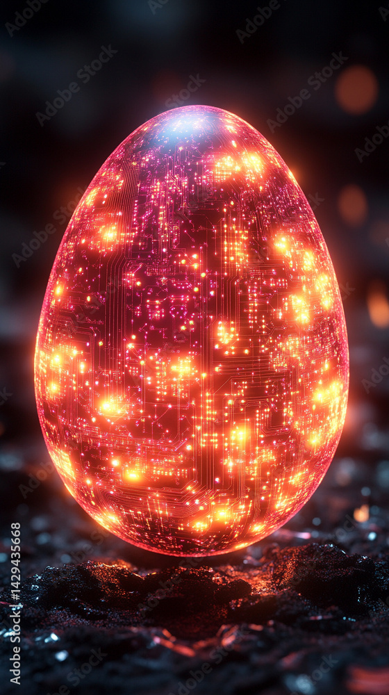 Glowing abstract 3D egg with a circuit board texture symbolizes digital birth innovation and futuristic potential presented as a modern tech-themed greeting card illustration