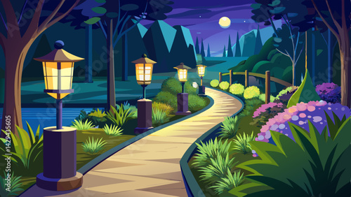 Row of modern outdoor pathway lights illuminating a curved garden path at night