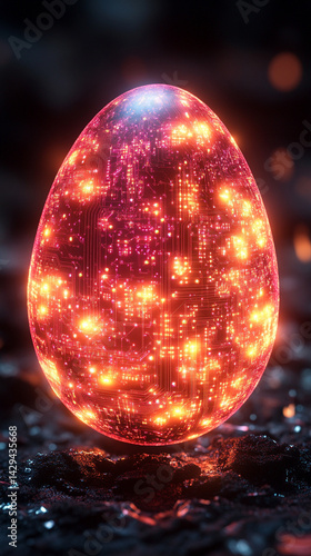 Obraz na płótnie Glowing abstract 3D egg with a circuit board texture symbolizes digital birth innovation and futuristic potential presented as a modern tech-themed greeting card illustration
w salonie