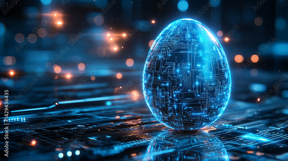Glowing abstract 3D egg with a circuit board texture symbolizes digital birth innovation and futuristic potential presented as a modern tech-themed greeting card illustration