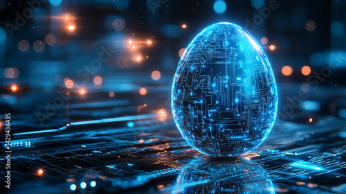Obraz na płótnie Glowing abstract 3D egg with a circuit board texture symbolizes digital birth innovation and futuristic potential presented as a modern tech-themed greeting card illustration
w salonie