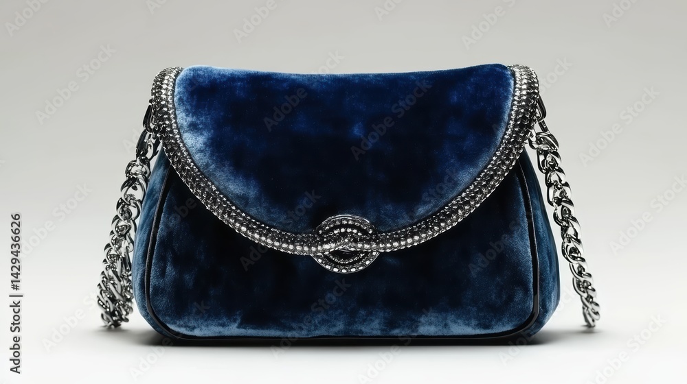 Navy blue velvet handbag with silver chain, isolated on white background Navy blue velvet handbag with silver chain, isolated on white background