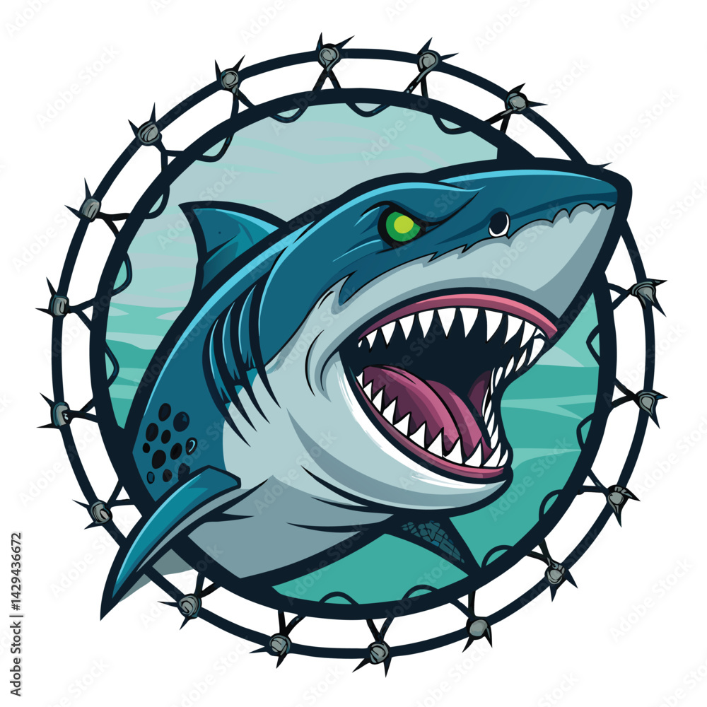 A close-up of a grotesque mutant shark head, featuring visible stitches across its scarred skin and one glowing, bioluminescent gill.