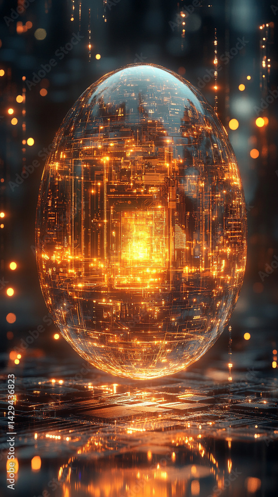 Glowing abstract 3D egg with a circuit board texture symbolizes digital birth innovation and futuristic potential presented as a modern tech-themed greeting card illustration
Glowing abstract 3D egg with a circuit board texture symbolizes digital birth innovation and futuristic potential presented as a modern tech-themed greeting card illustration
