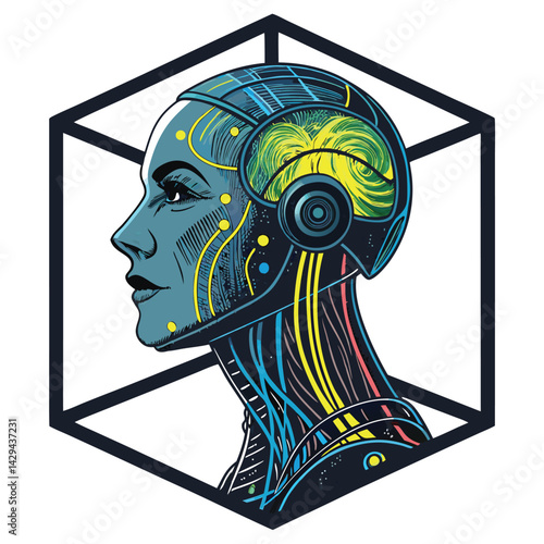 Cyberpunk neon android head, intricate fiber optic internal wiring visible, glowing vibrant colors.  High detail, 8k resolution.