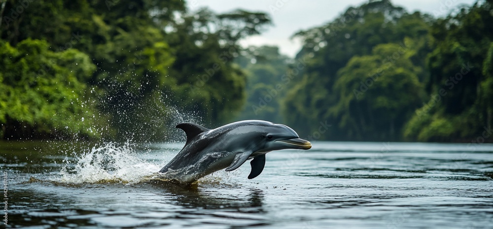 Fototapeta premium Spectacular boto leaping amidst the Amazon rainforest, in a splash of exuberance