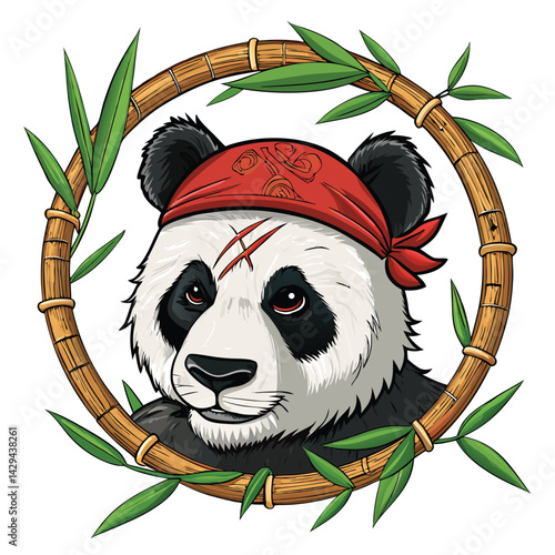 Create a fierce panda warrior head illustration; scarred face, red bandana, detailed fur texture, intense gaze.  Include dramatic lighting.