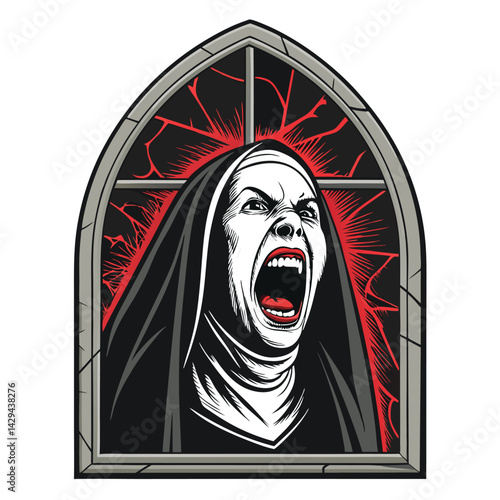 A terrifying image depicting a possessed nun screaming hysterically within a crumbling, cracked church, illuminated by dim light.  Focus on the nun's demonic expression and the decaying architecture.