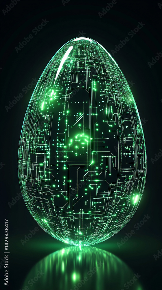 Glowing abstract 3D egg with a circuit board texture symbolizes digital birth innovation and futuristic potential presented as a modern tech-themed greeting card illustration