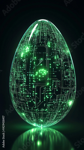 Obraz na płótnie Glowing abstract 3D egg with a circuit board texture symbolizes digital birth innovation and futuristic potential presented as a modern tech-themed greeting card illustration
w salonie