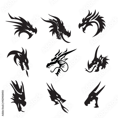 Dragons icon silhouette, dino, dinosaurs isolated, mythical monster, minimal flat tattoo
