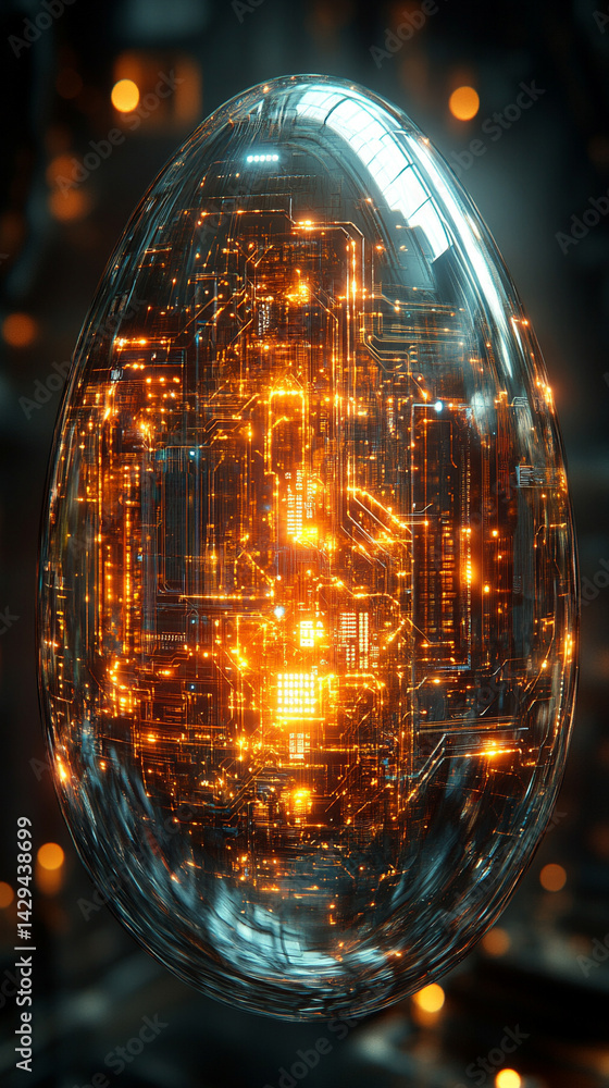 Glowing abstract 3D egg with a circuit board texture symbolizes digital birth innovation and futuristic potential presented as a modern tech-themed greeting card illustration