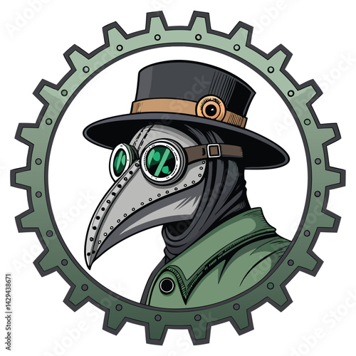 Detailed digital painting of a plague doctor mask head intricately adorned with steampunk gears, goggles, and brass embellishments.  Focus on intricate detail and metallic textures.