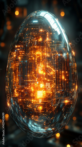 Obraz na płótnie Glowing abstract 3D egg with a circuit board texture symbolizes digital birth innovation and futuristic potential presented as a modern tech-themed greeting card illustration
w salonie