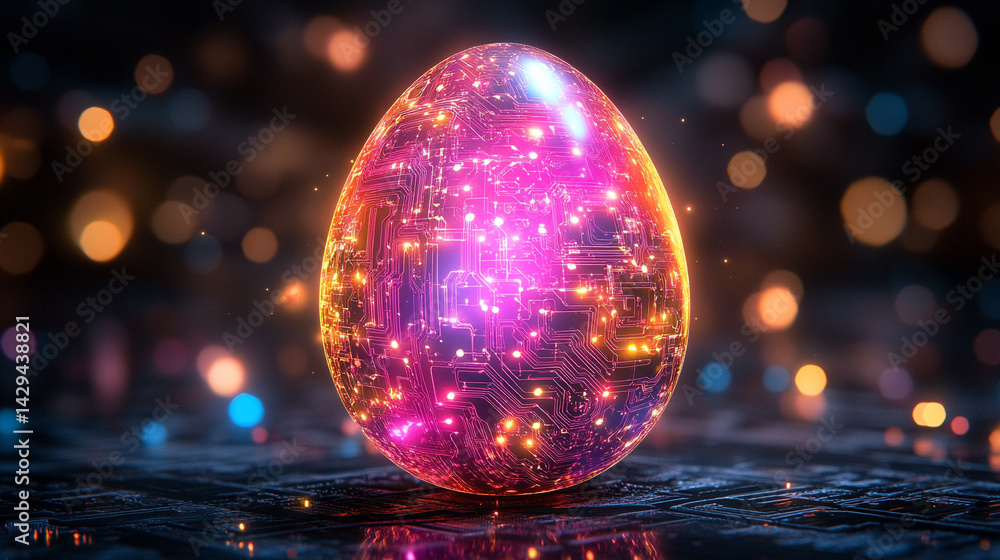Glowing abstract 3D egg with a circuit board texture symbolizes digital birth innovation and futuristic potential presented as a modern tech-themed greeting card illustration