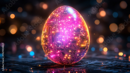 Obraz na płótnie Glowing abstract 3D egg with a circuit board texture symbolizes digital birth innovation and futuristic potential presented as a modern tech-themed greeting card illustration
w salonie