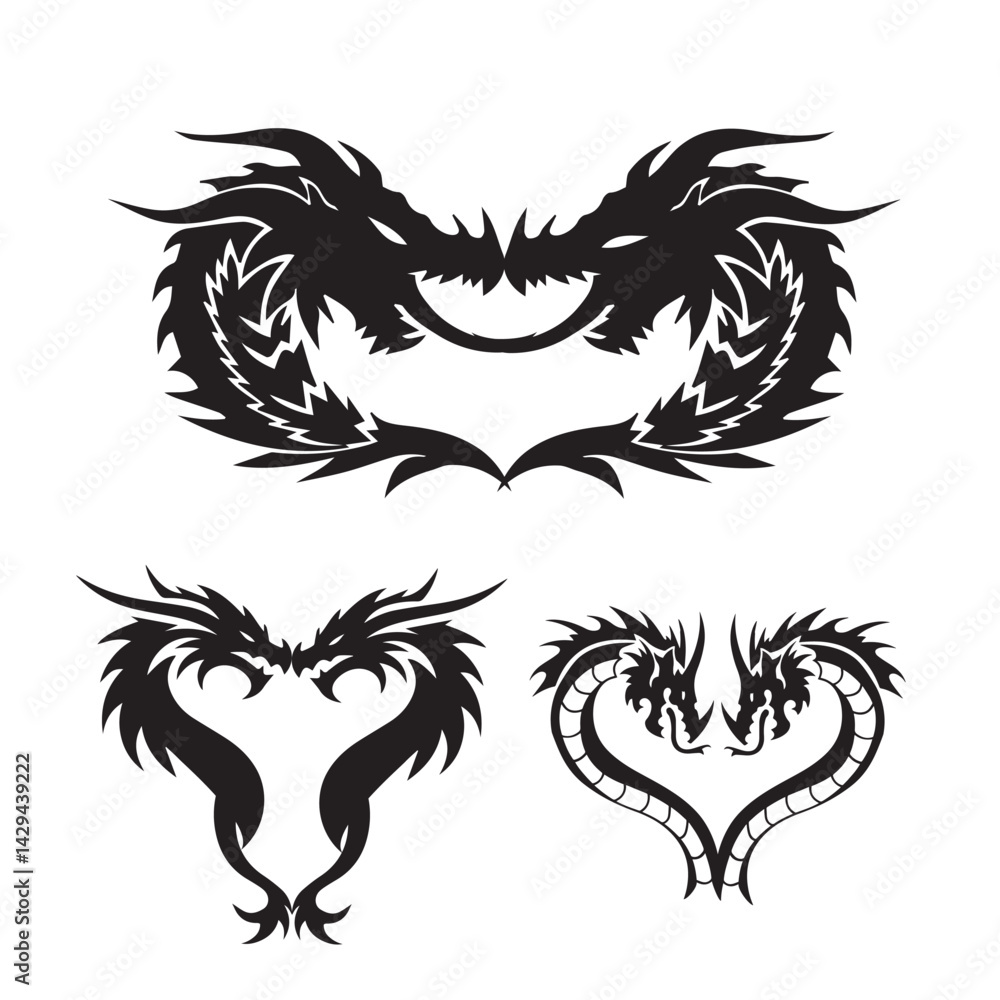 Fototapeta premium TRIBAL TATOO Dragon, Three black dragons are shown in different positions