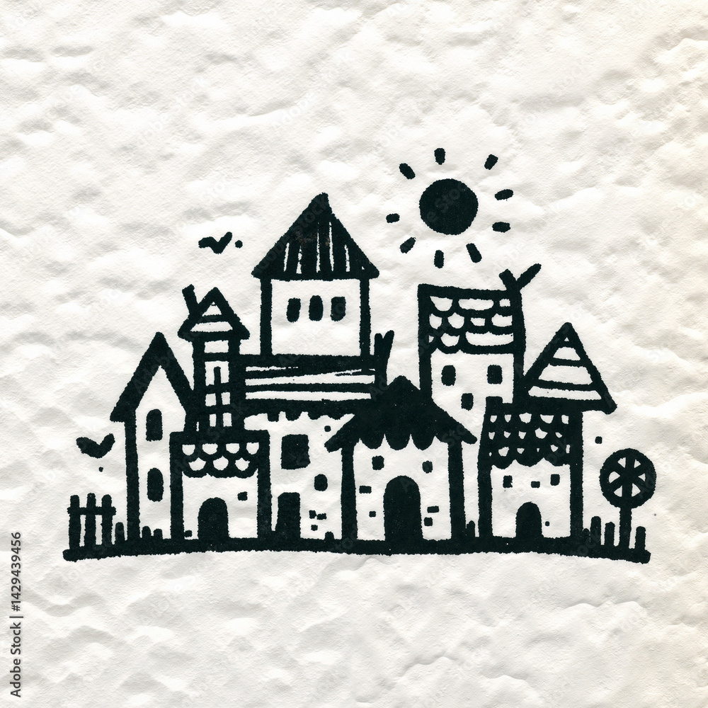Fototapeta premium Whimsical houses sketch with sun and birds in a playful style 