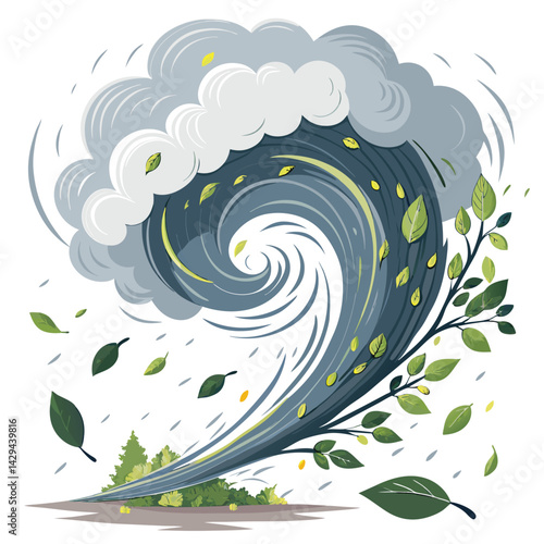 A powerful gust of wind, spiraling violently, lifting and swirling autumn leaves in a chaotic dance.