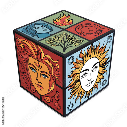 Design a 3D model of a power-up cube, each face displaying a rotating elemental symbol (fire, water, earth, air).  High-resolution, vibrant colours.