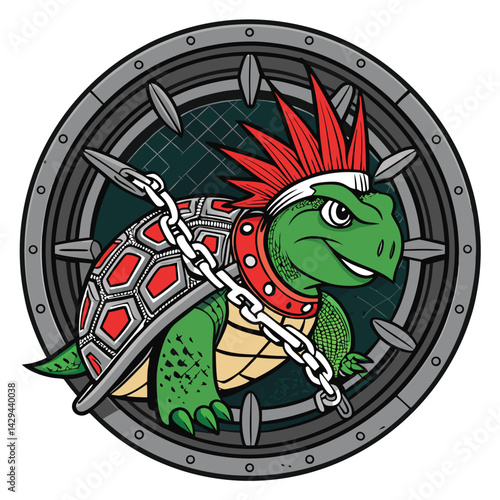 A punk-styled turtle, adorned with spikes and a chain, defiantly perched atop a sewer grate.  Gritty, urban setting.