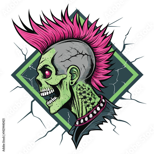 Create a detailed digital painting of a decaying punk zombie head, featuring a vibrant pink mohawk sprouting from a cracked skull.  The image should emphasize both the decay and the punk aesthetic.