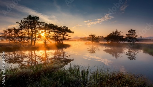 Wallpaper Mural stunning sunrise over misty wetlands with reflected trees Torontodigital.ca