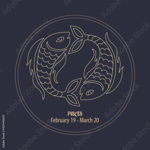 Horoscope, zodiac sign Pisces, golden design on a blue starry background. Illustration