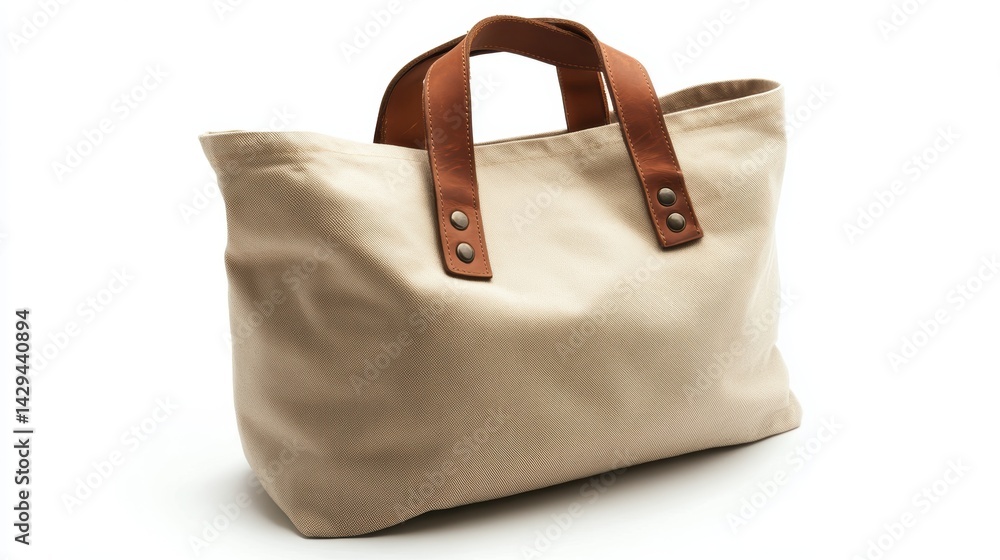 Beige canvas tote bag handbag with leather straps, isolated on white background Beige canvas tote bag handbag with leather straps, isolated on white background