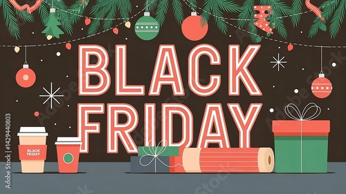 Festive Black Friday graphic with holiday items coffee cups gift boxes Christmas trees and lights