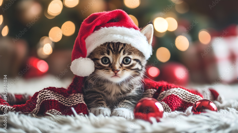 A cute kitten wearing a Santa hat and a red blanket A cute kitten wearing a Santa hat and a red blanket