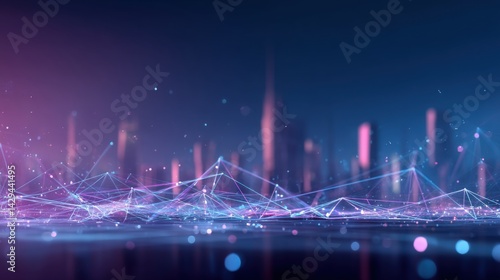 Abstract network connecting city skyline, data flow concept. Perfect for technology, finance, and future trends.