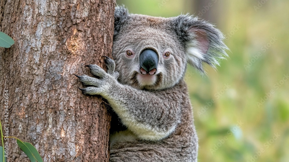 Naklejka premium Koala on tree trunk peaceful wildlife nature conservation image