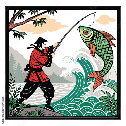A weathered samurai, clad in traditional garb, triumphantly pulls a massive, shimmering, legendary koi carp from a rushing river.  Detailed depiction of both figures.
