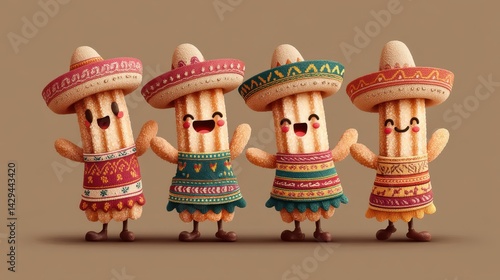 Churros dessert holiday concept. Cheerful characters in sombreros, showcasing festive Mexican culture and tradition.