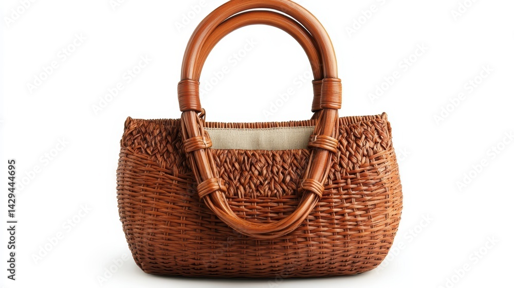 Woven straw handbag with fabric lining and bamboo handles, isolated on white background Woven straw handbag with fabric lining and bamboo handles, isolated on white background