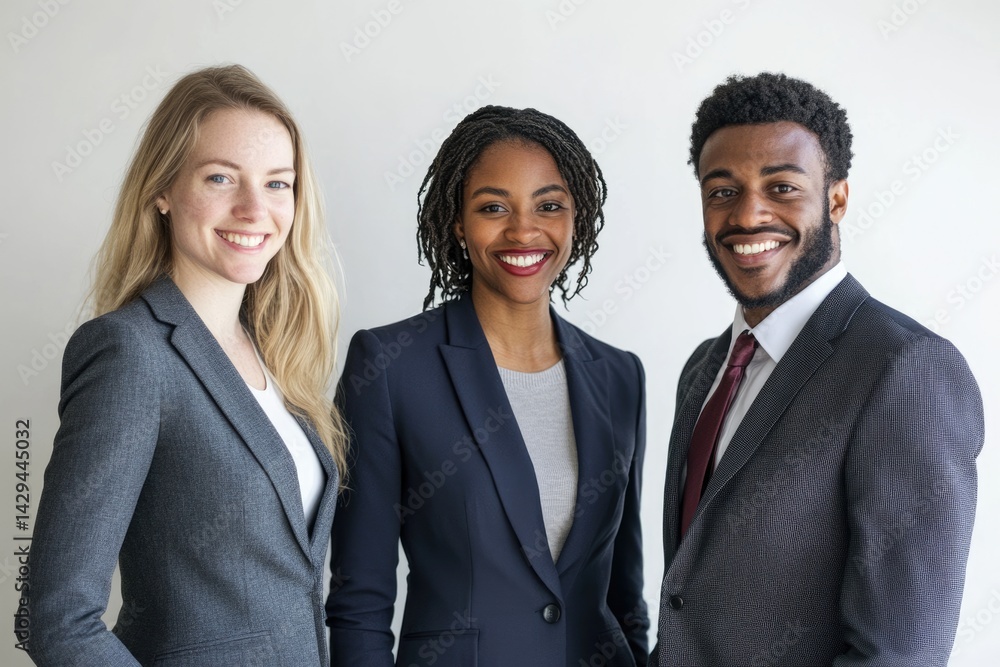 Three diverse business professionals, smiling confidently, showcase teamwork and success. Three diverse business professionals, smiling confidently, showcase teamwork and success.