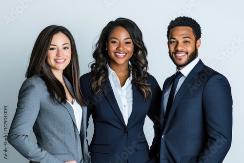 Three diverse business professionals in suits, smiling confidently and projecting success.